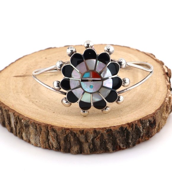 Native American Sun Face Inlay Cuff Bracelet Handcrafted Zuni Jewelry Sz 7in. ** - Picture 1 of 9
